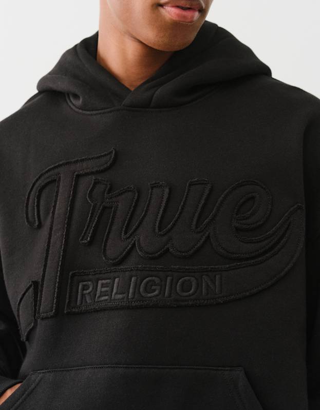 True Religion Cinched Applique Pullover Hood Jet Black